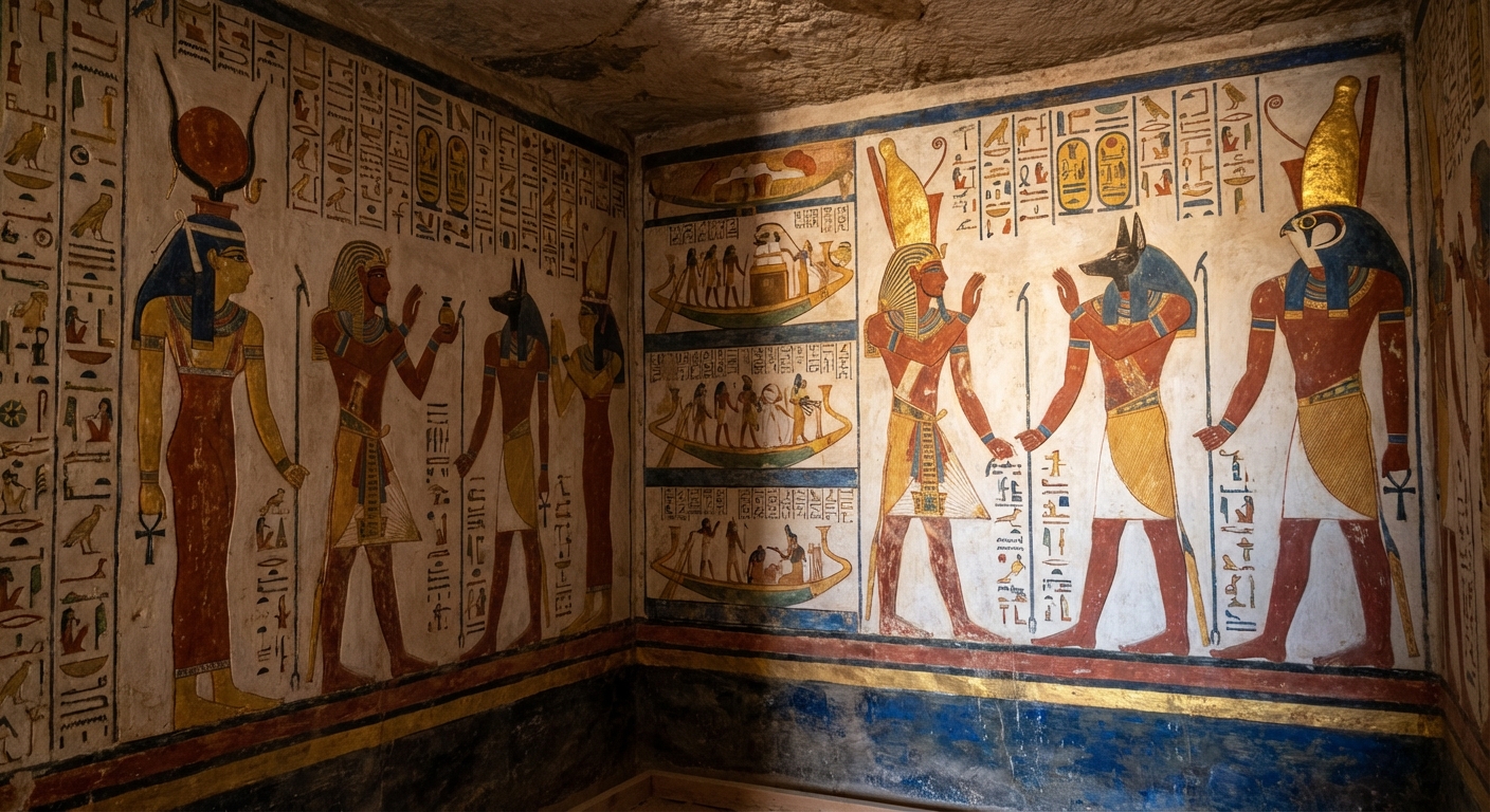 Hieroglyphic inscriptions and painted murals inside ancient Egyptian royal tomb