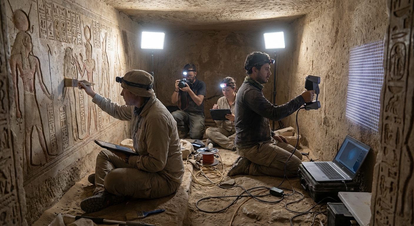 Archaeological excavation team carefully documenting artifacts in Egyptian tomb