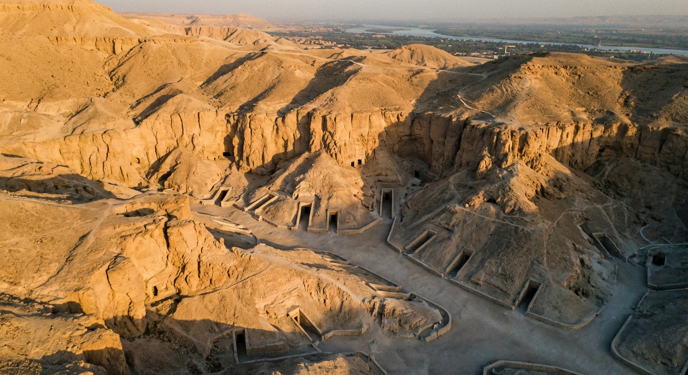Aerial view of Valley of the Kings with marked tomb locations in desert landscape