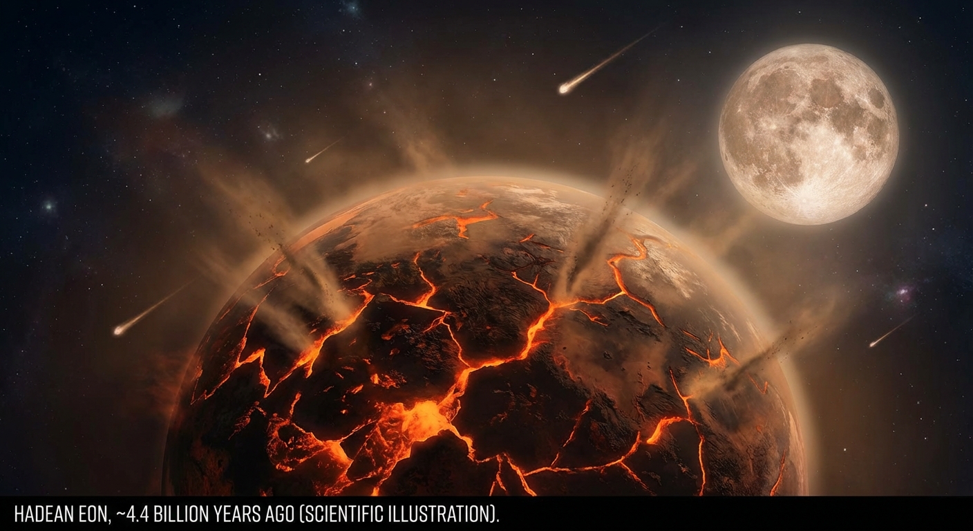 Artist rendering of Earth during the Hadean eon with molten surface and asteroid impacts