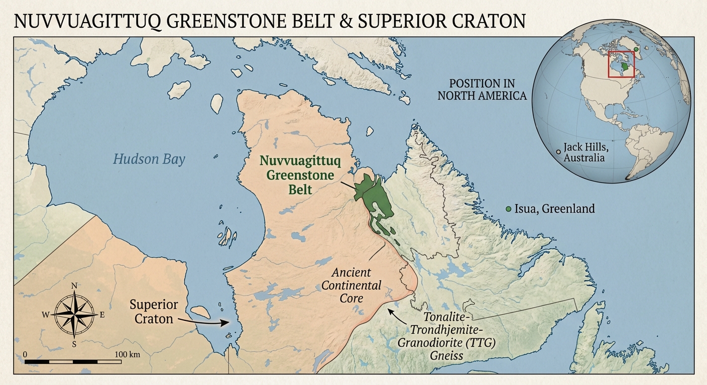 Map showing the location of Earth's oldest rock formations including Nuvvuagittuq