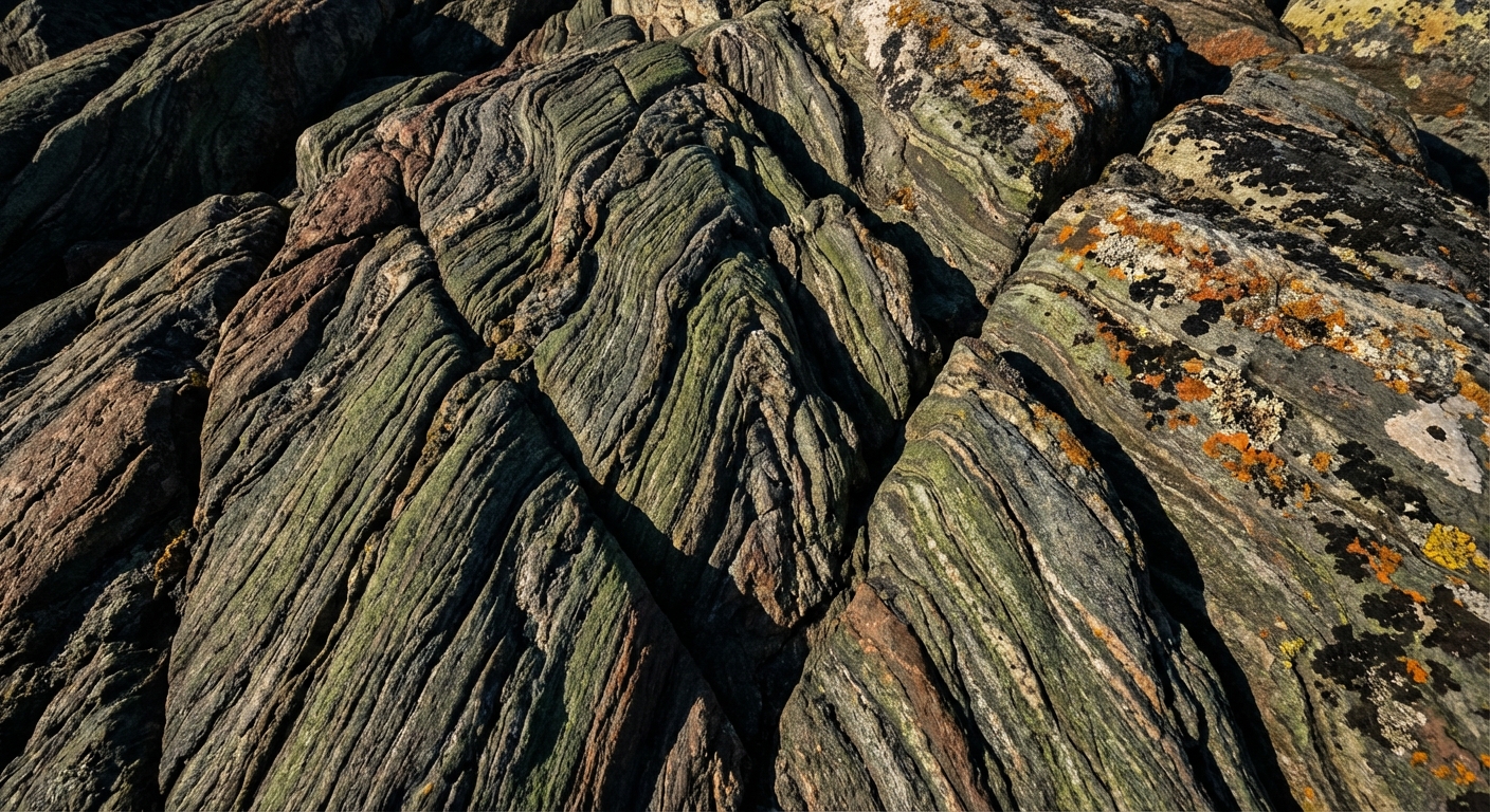 Ancient banded rock formation showing layers from billions of years ago