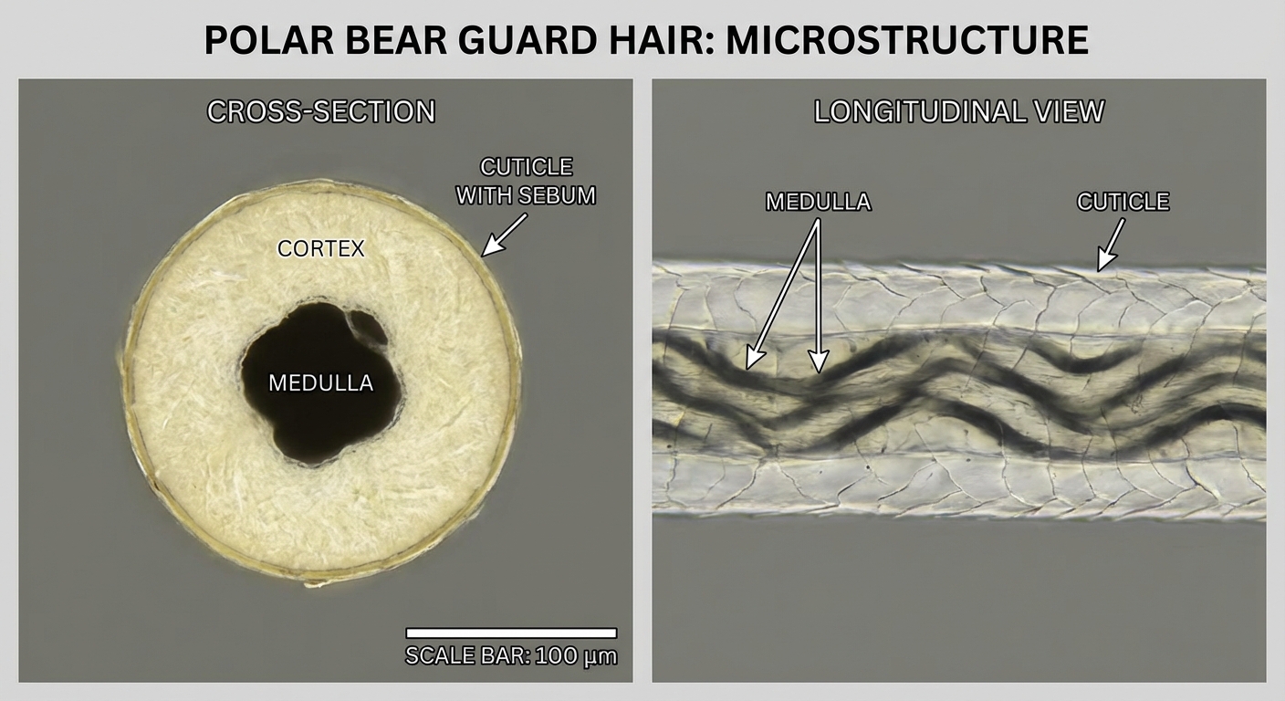 Microscopic view of polar bear hair structure showing hollow core and outer coating