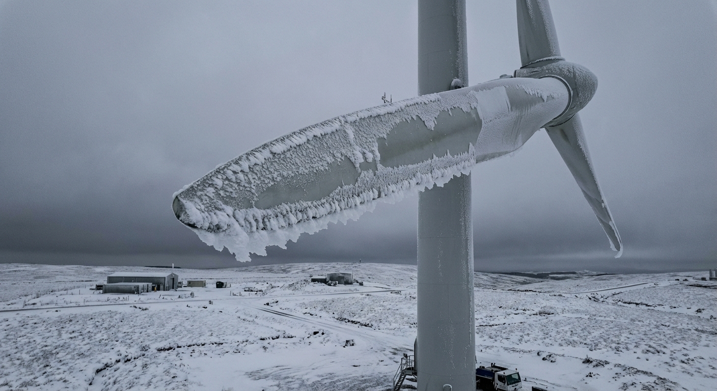 Wind turbine blades with ice accumulation showing the engineering challenge