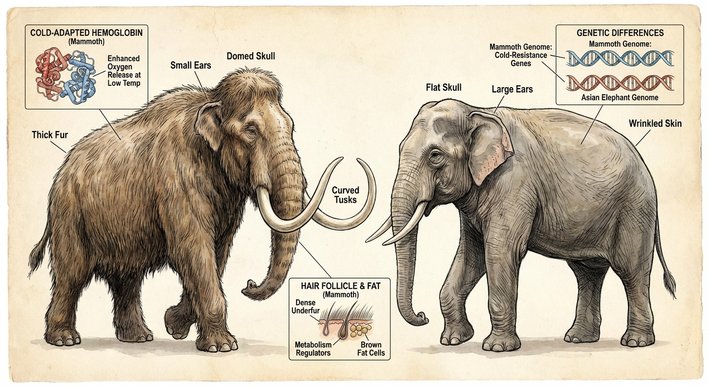 Comparative diagram showing woolly mammoth and modern elephant with genetic annotations