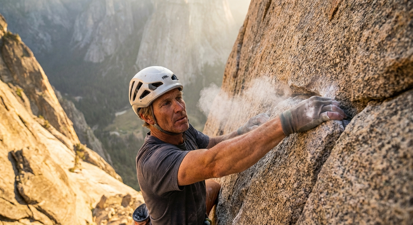 Rock climber fully absorbed in navigating a challenging route on natural rock face