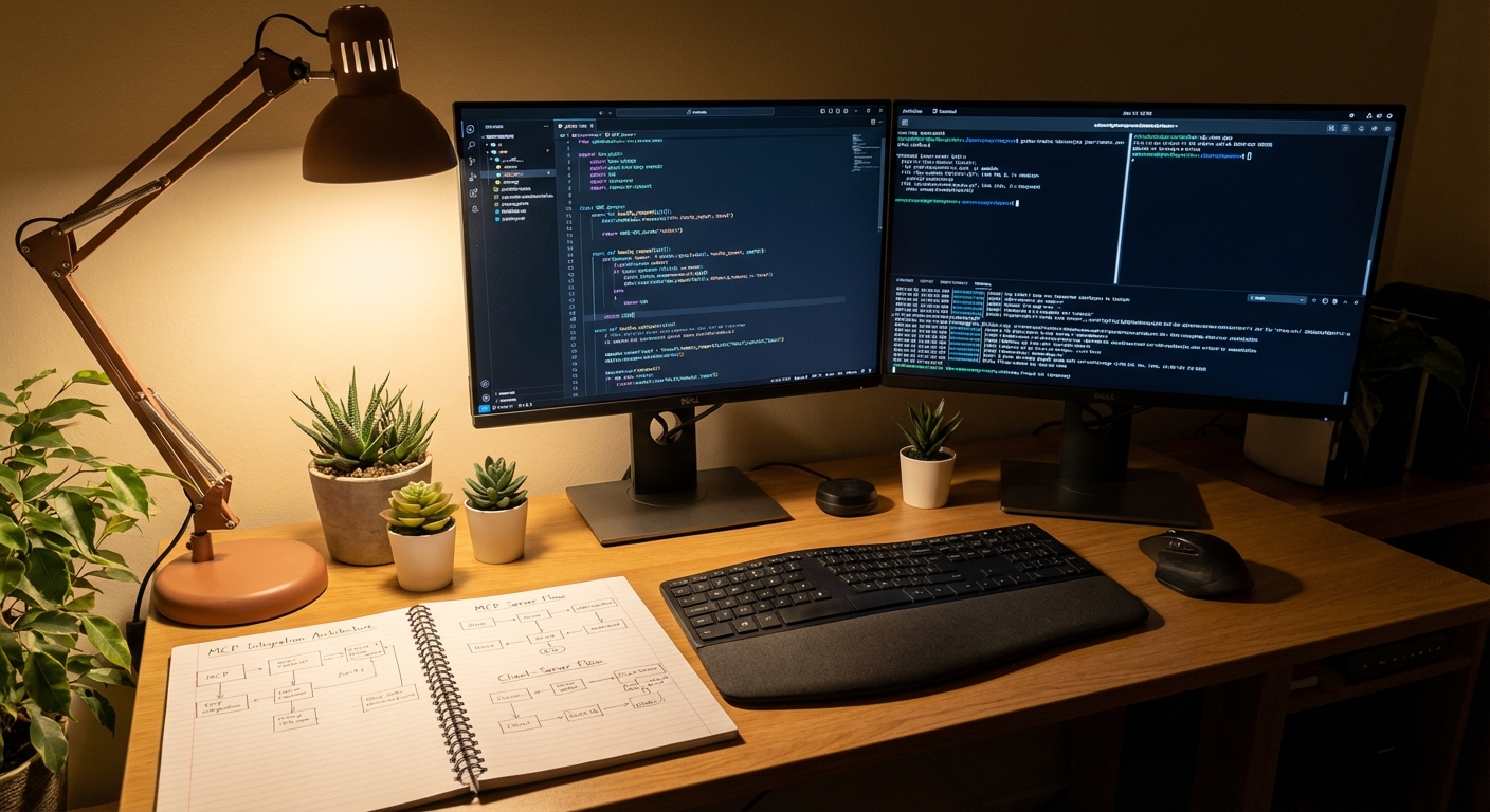 Developer workspace with code showing MCP implementation on multiple screens