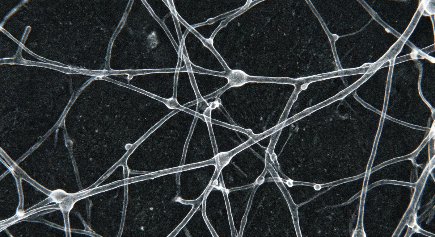 Microscopic view of fungal mycelium network showing thread-like structures