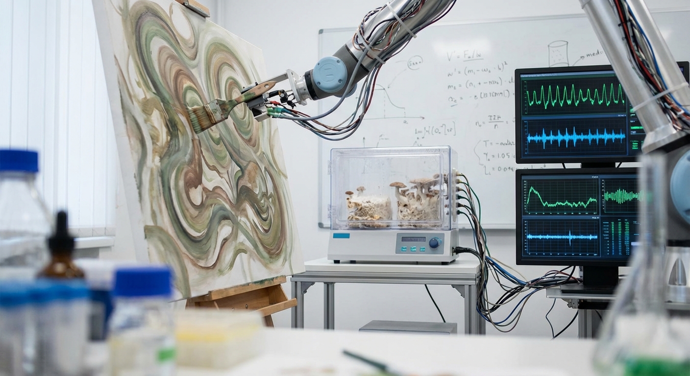 Robotic arm controlled by fungal bioelectricity creating art on canvas