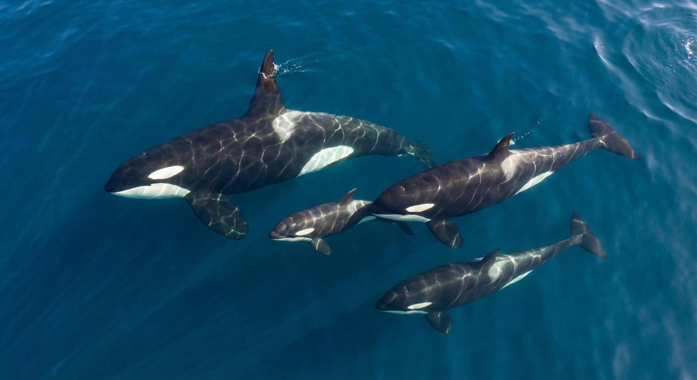 Pod of orcas swimming together in formation through ocean waters