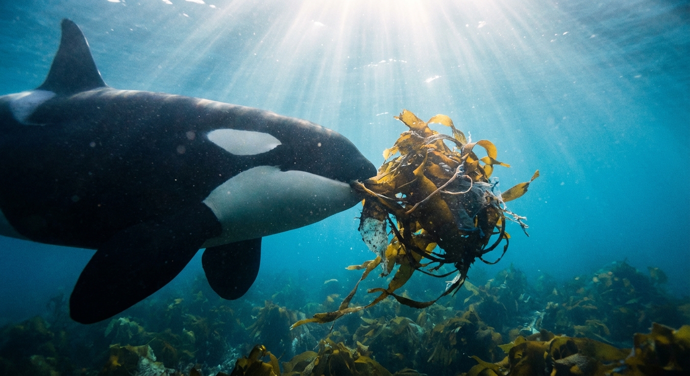 Underwater view of orca investigating floating kelp and debris