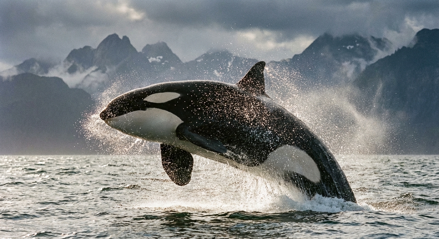 Orca whale breaching from ocean water with dramatic spray