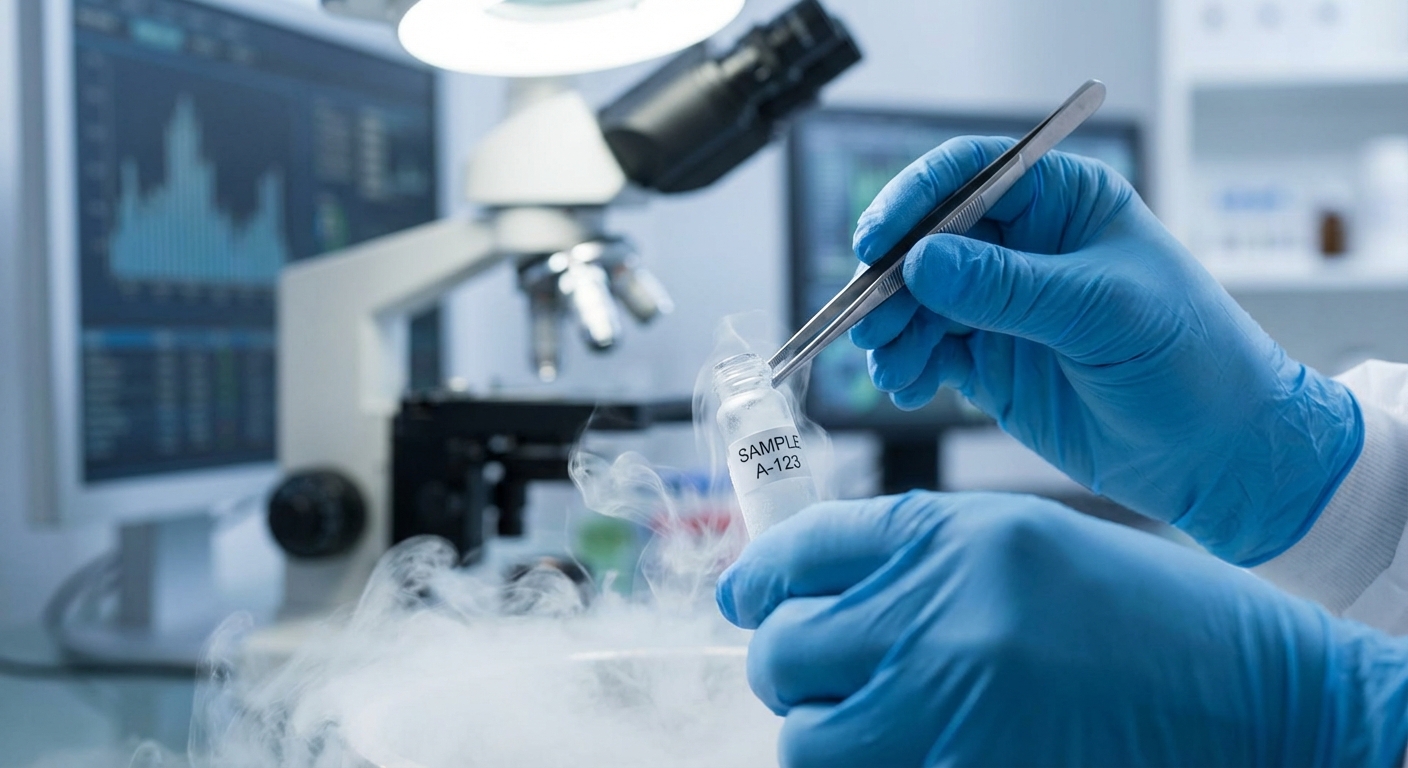 Embryologist working with cryogenic samples under laboratory conditions