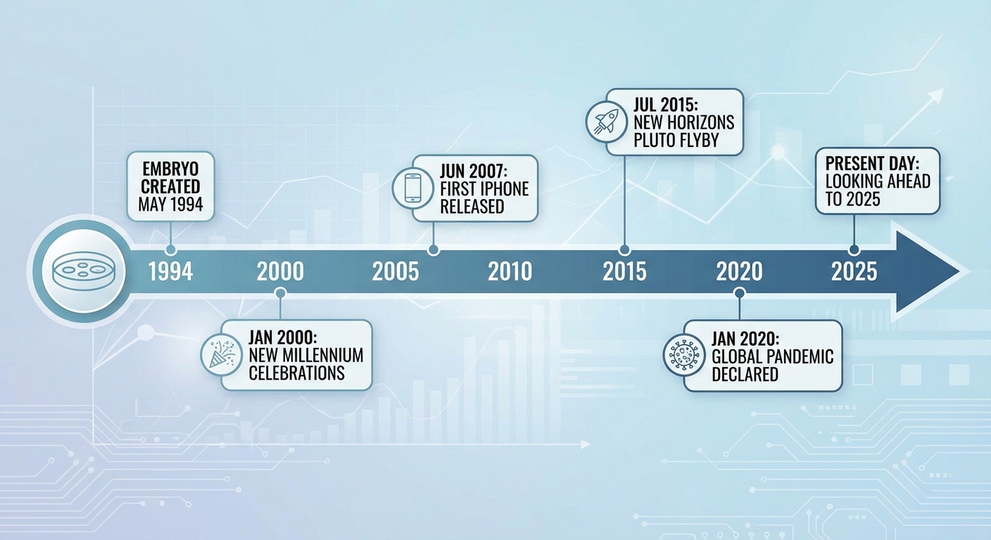 Timeline showing embryo creation in 1994 and birth in 2025 spanning three decades