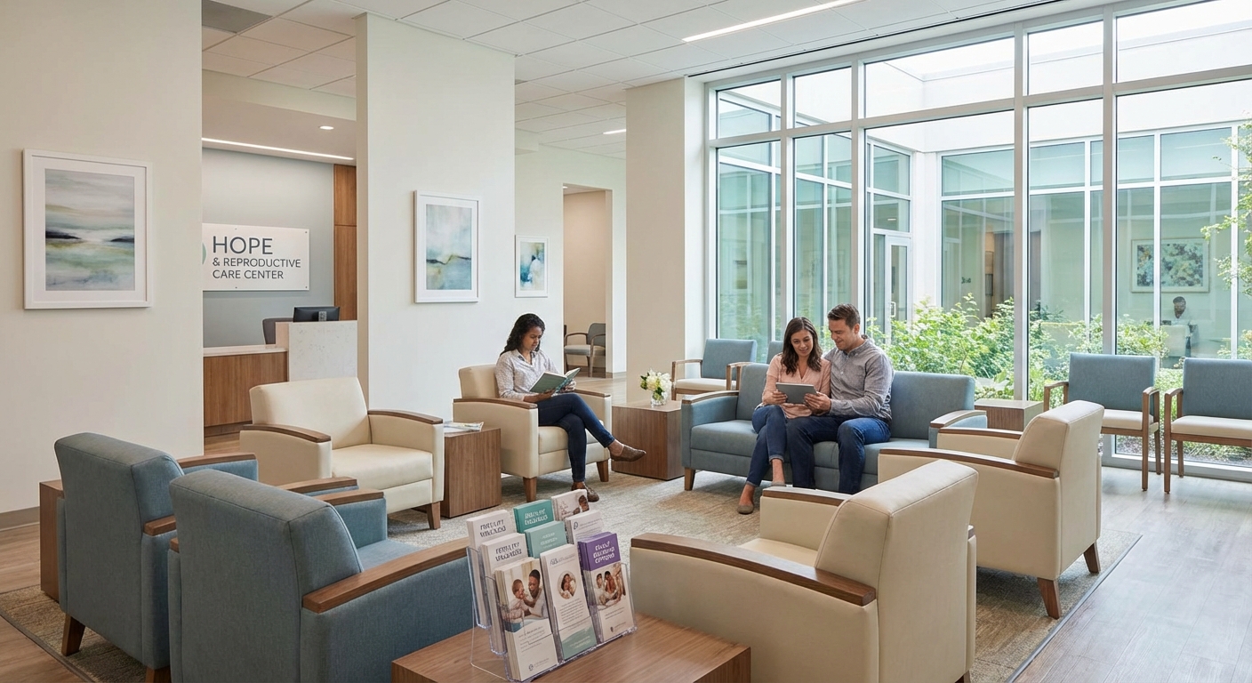 Modern fertility clinic waiting room representing the IVF industry