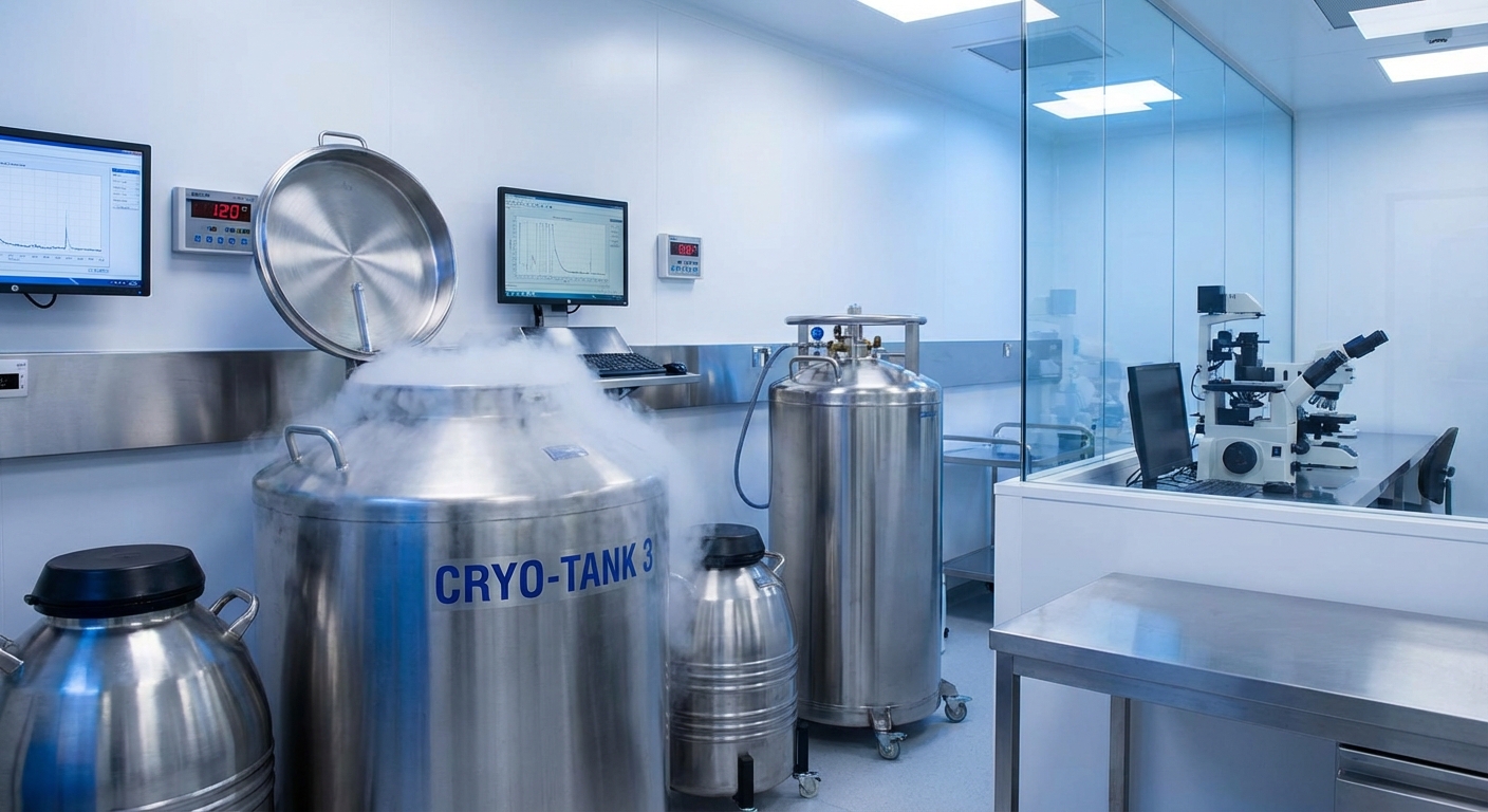 Cryogenic storage tanks in a fertility clinic representing embryo preservation