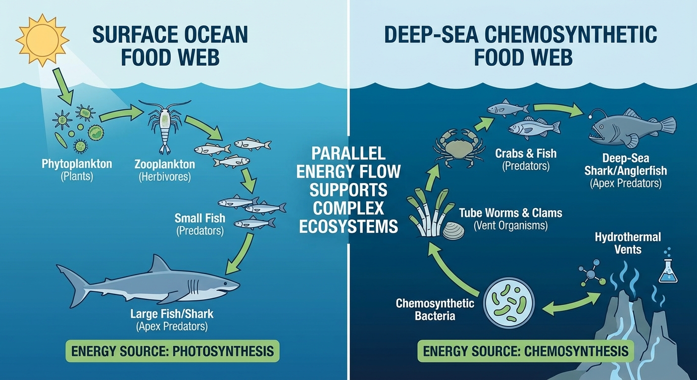 Diagram comparing photosynthesis-based and chemosynthesis-based food webs