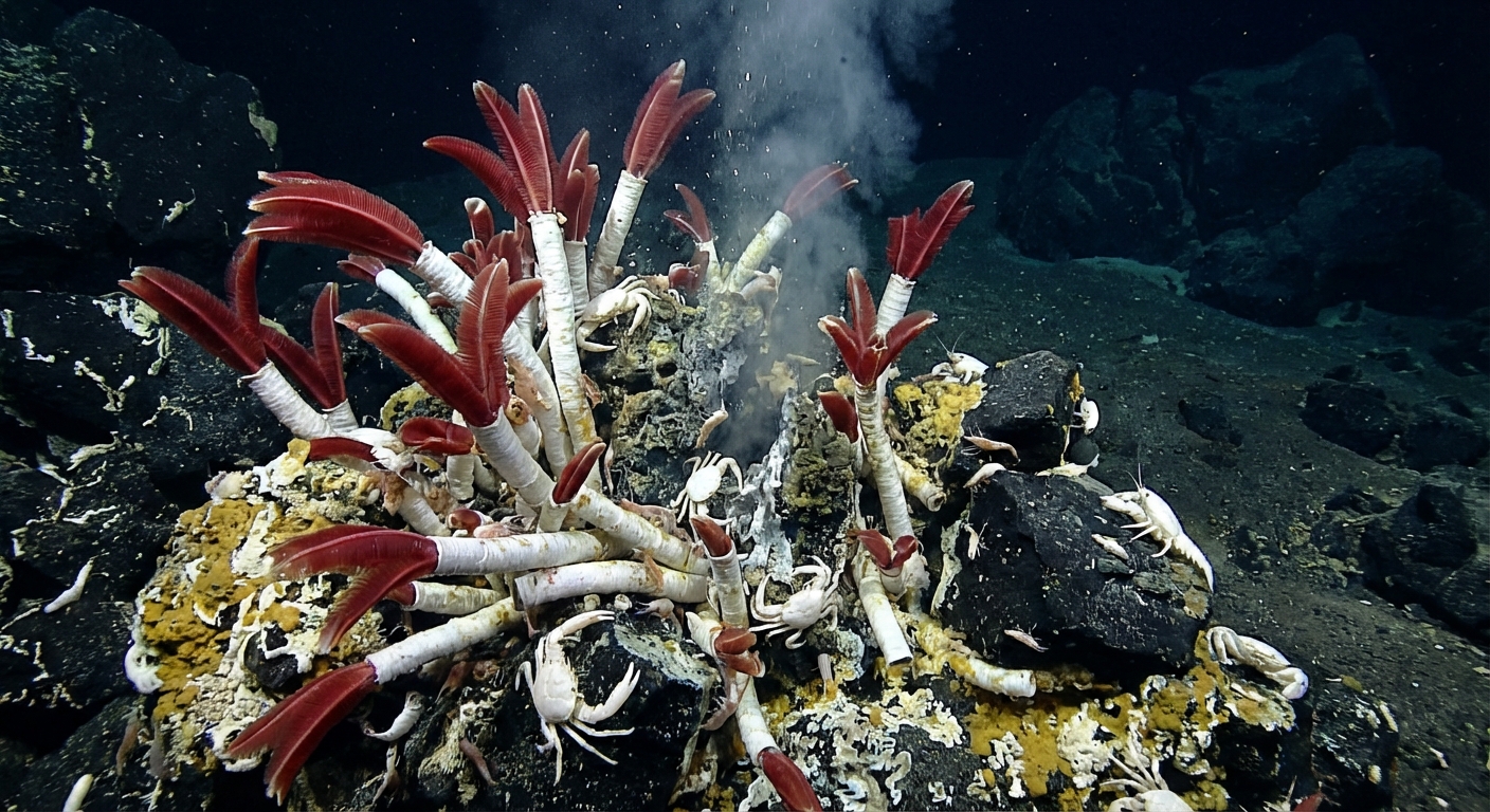 Close-up of tube worms and other organisms clustered around a hydrothermal vent