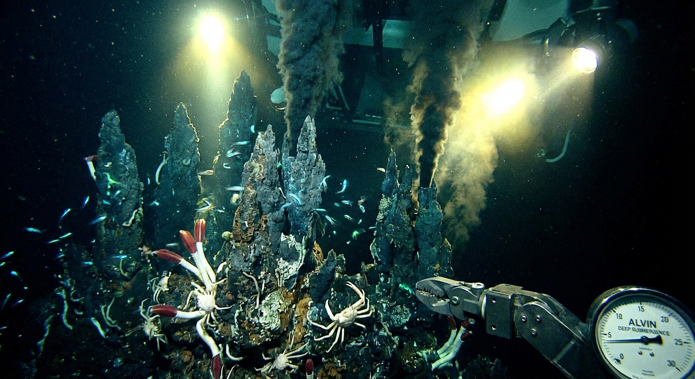 Deep ocean hydrothermal vent system with mineral chimneys and surrounding life