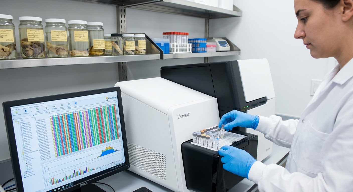 Scientist using DNA sequencing equipment in a modern taxonomy laboratory
