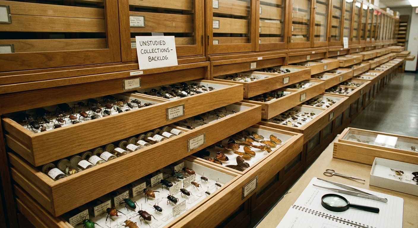 Museum natural history collection drawers containing preserved specimens awaiting study