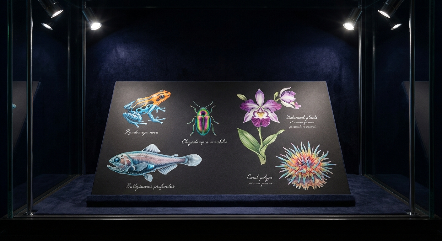 Colorful collection of newly discovered species including insects, plants, and marine life