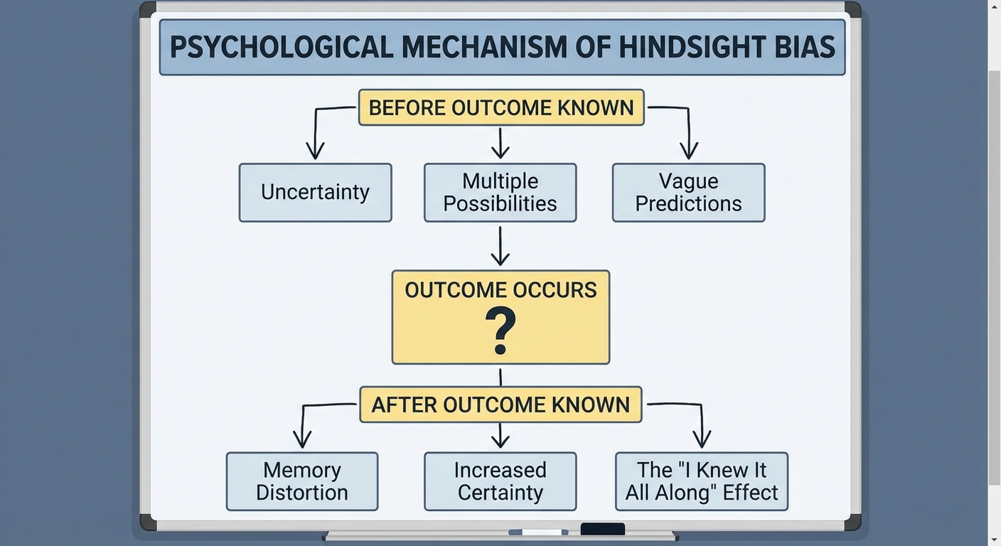 Diagram showing how outcome knowledge distorts memory of prior predictions