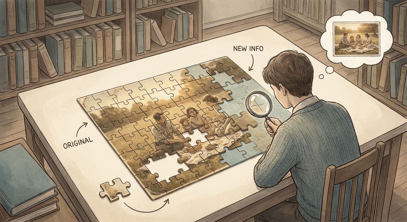 Illustration of memory reconstruction showing how past events get reinterpreted after outcomes