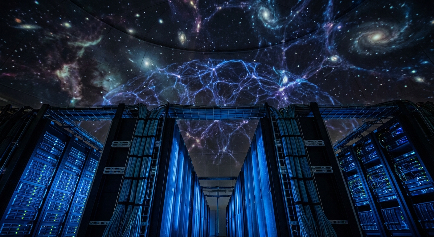 Supercomputer with swirling galaxies representing limits of simulation