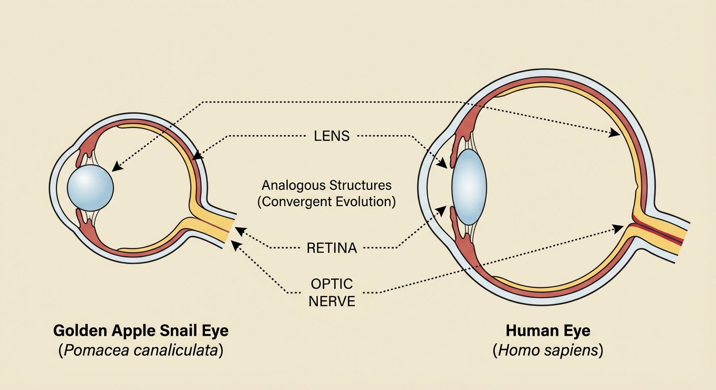 Cross-section diagram comparing snail eye to human eye showing structural similarities