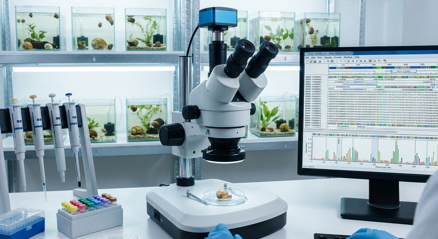 Laboratory setup for studying snail eye regeneration with microscopy equipment