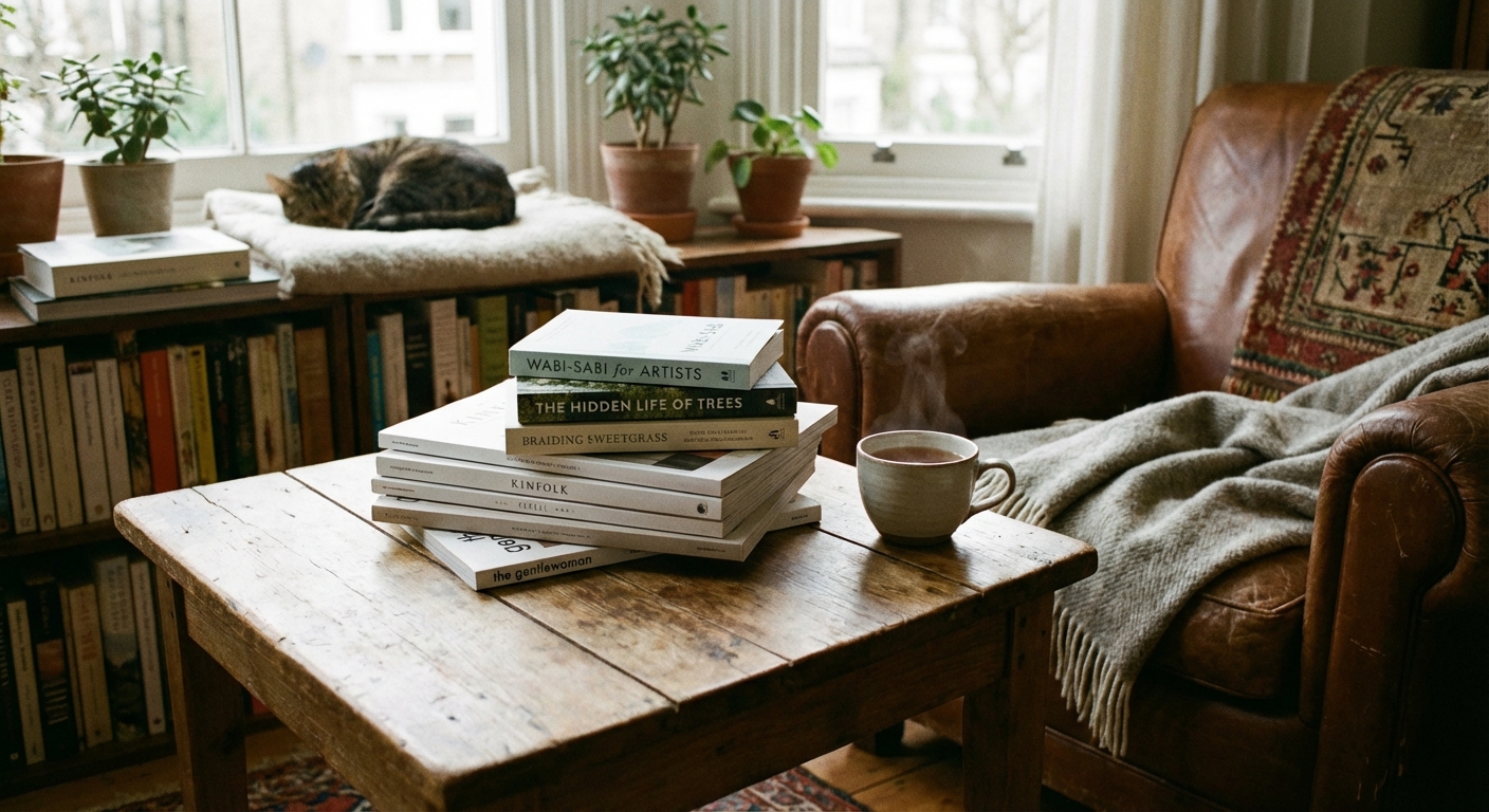 Stack of print magazines and books on cozy reading corner table