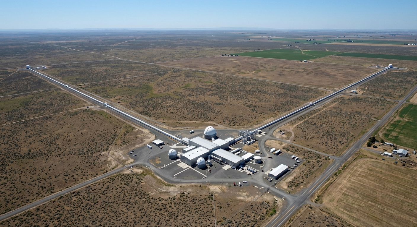 LIGO gravitational wave detector facility showing the massive interferometer arms