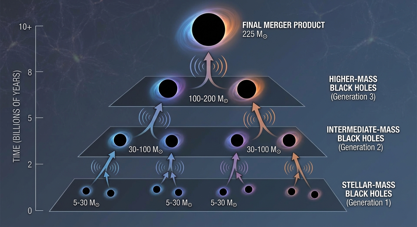 Diagram showing hierarchical black hole merger building larger black holes over time