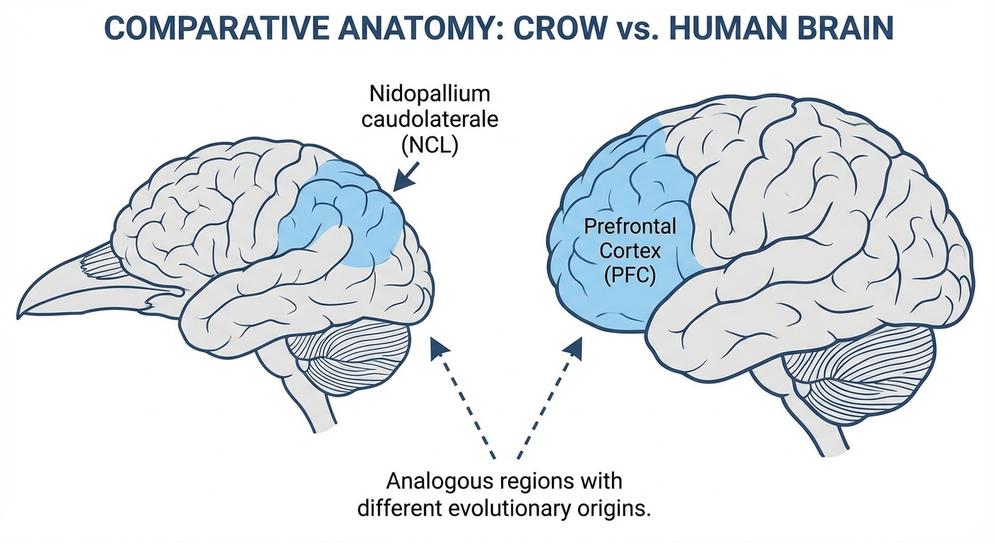 Diagram comparing crow and human brain structures for face recognition