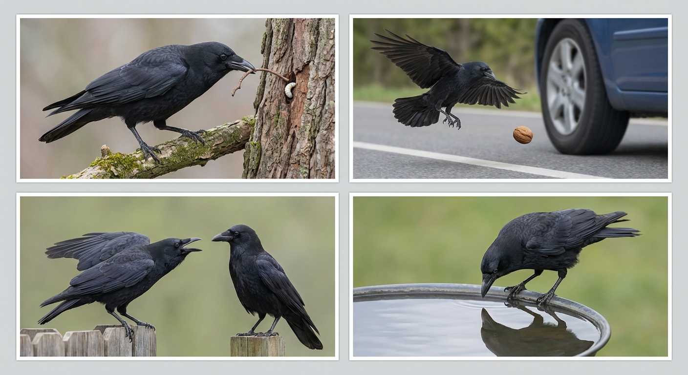 Collage of crow intelligent behaviors including tool use and social interaction