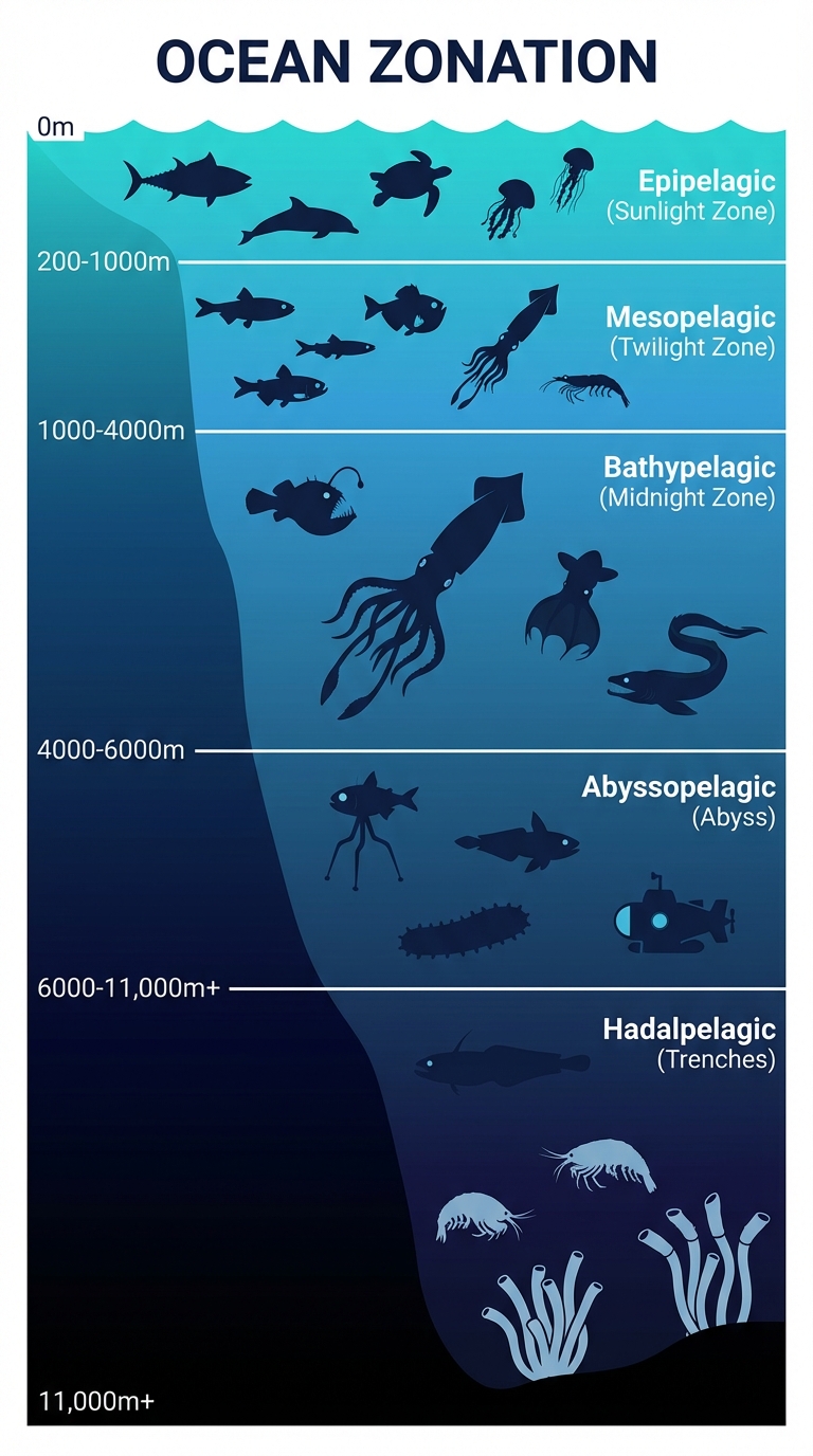 Diagram showing ocean depth zones from sunlit surface to pitch-black abyss