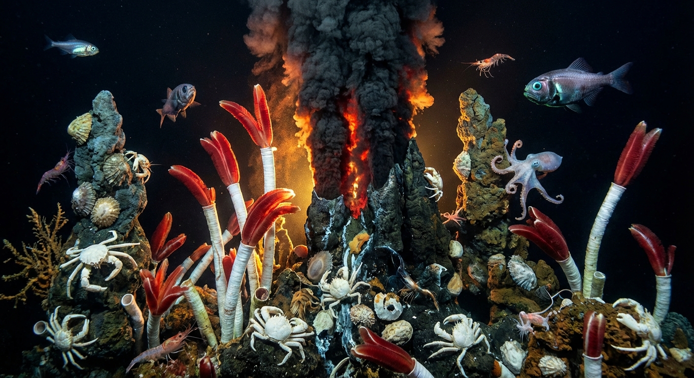 Hydrothermal vent ecosystem with tube worms and crabs in deep ocean