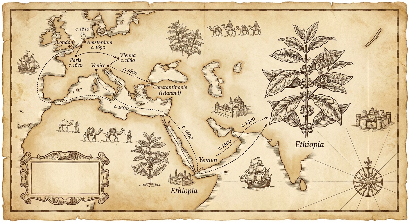 Map showing coffee's spread from Ethiopia through Arabia to Europe in the 17th century