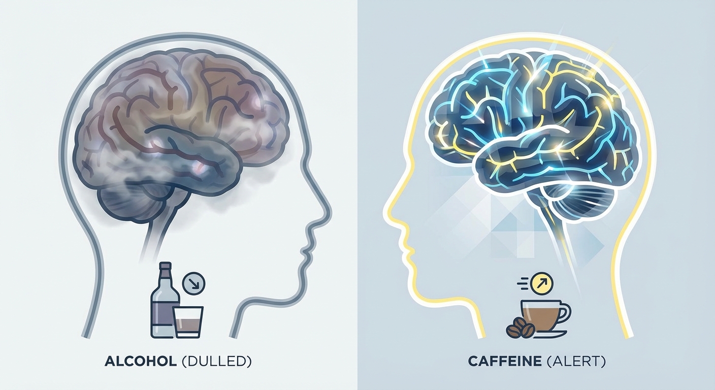Illustration comparing the effects of alcohol versus caffeine on the brain