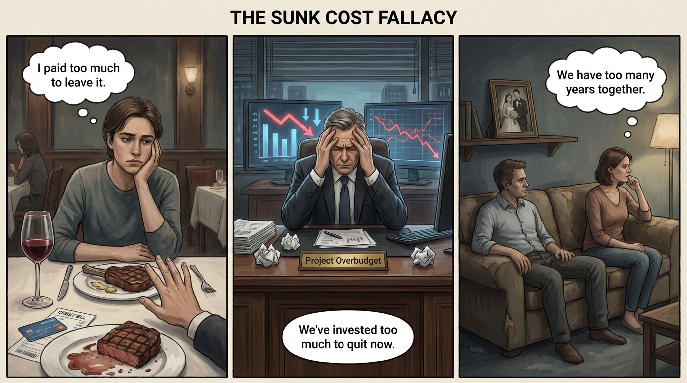 Visual examples of sunk cost fallacy in different domains
