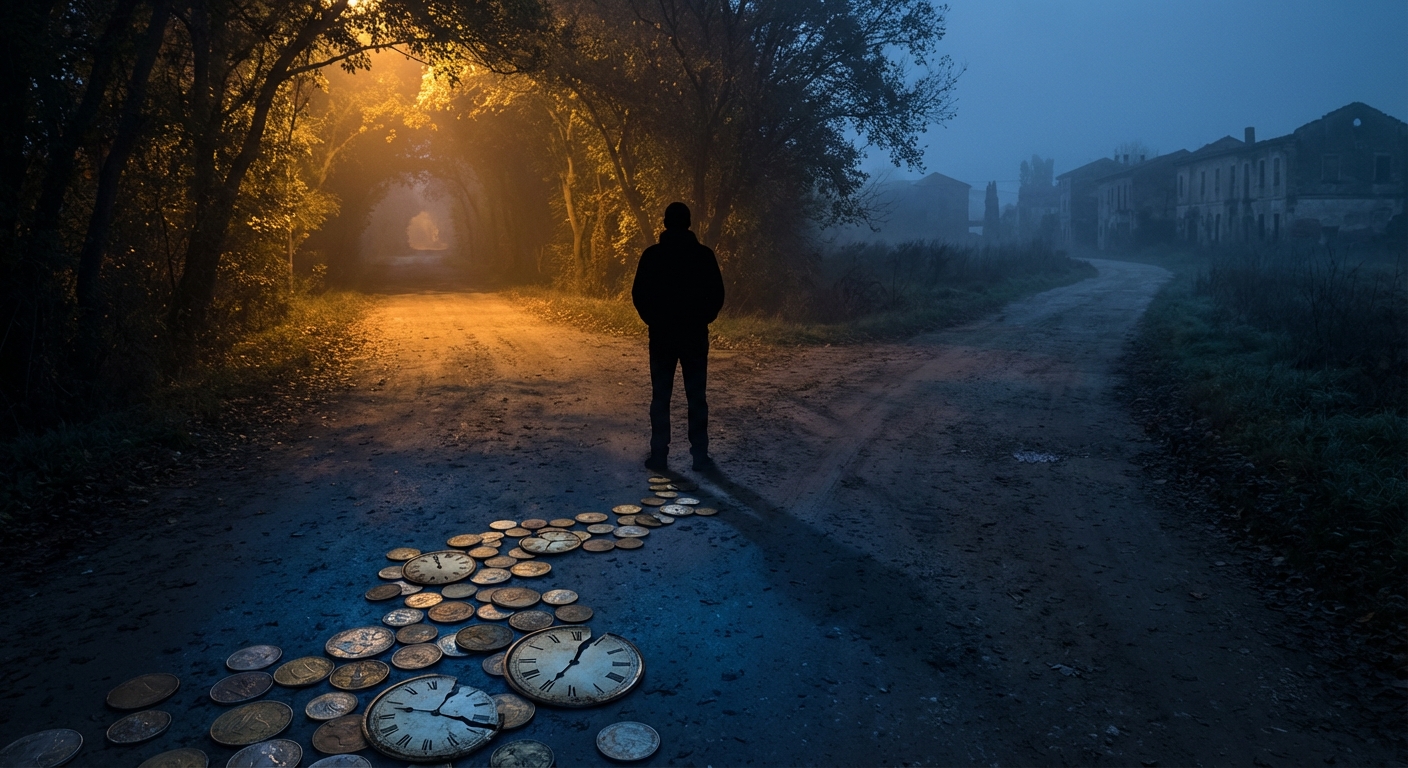 Person staring at pile of coins and clocks representing wasted time and money