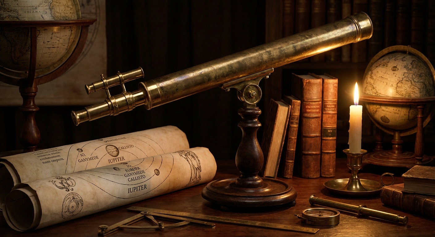 Antique telescope similar to Galileo's with celestial charts and astronomical instruments