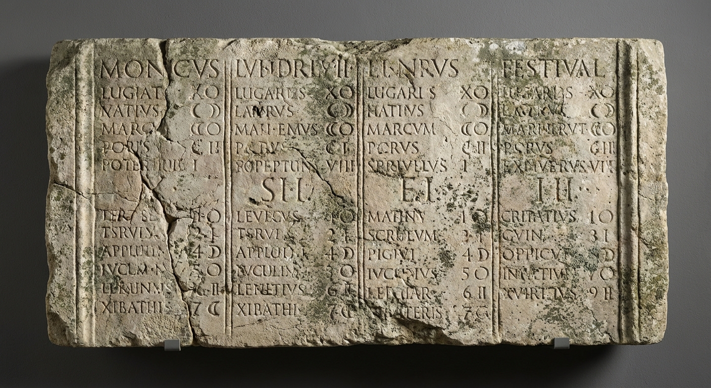 Ancient Roman stone calendar showing months and festivals