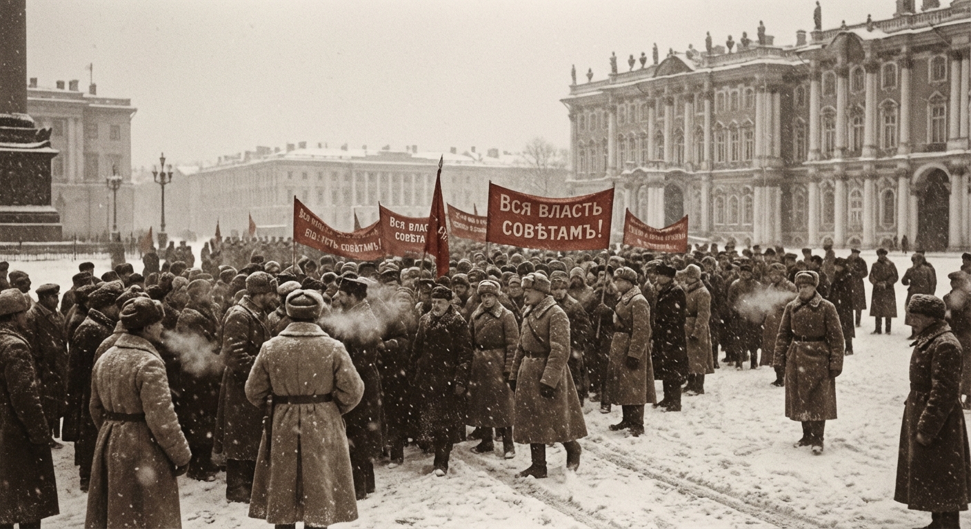 Workers and soldiers gathering in snowy Petrograd during 1917 revolution