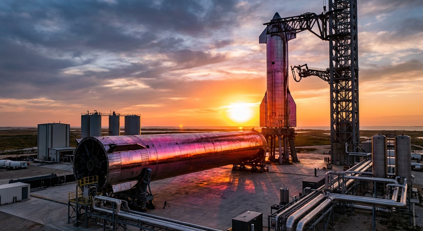 Starship rocket on launch pad with full stack configuration