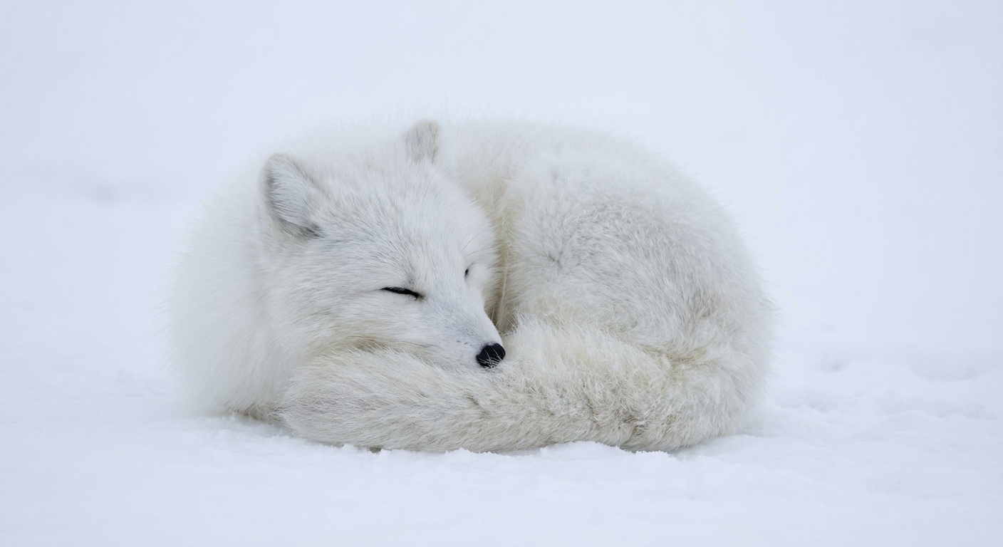 Arctic fox curled into a ball with fluffy white winter coat in snowy environment