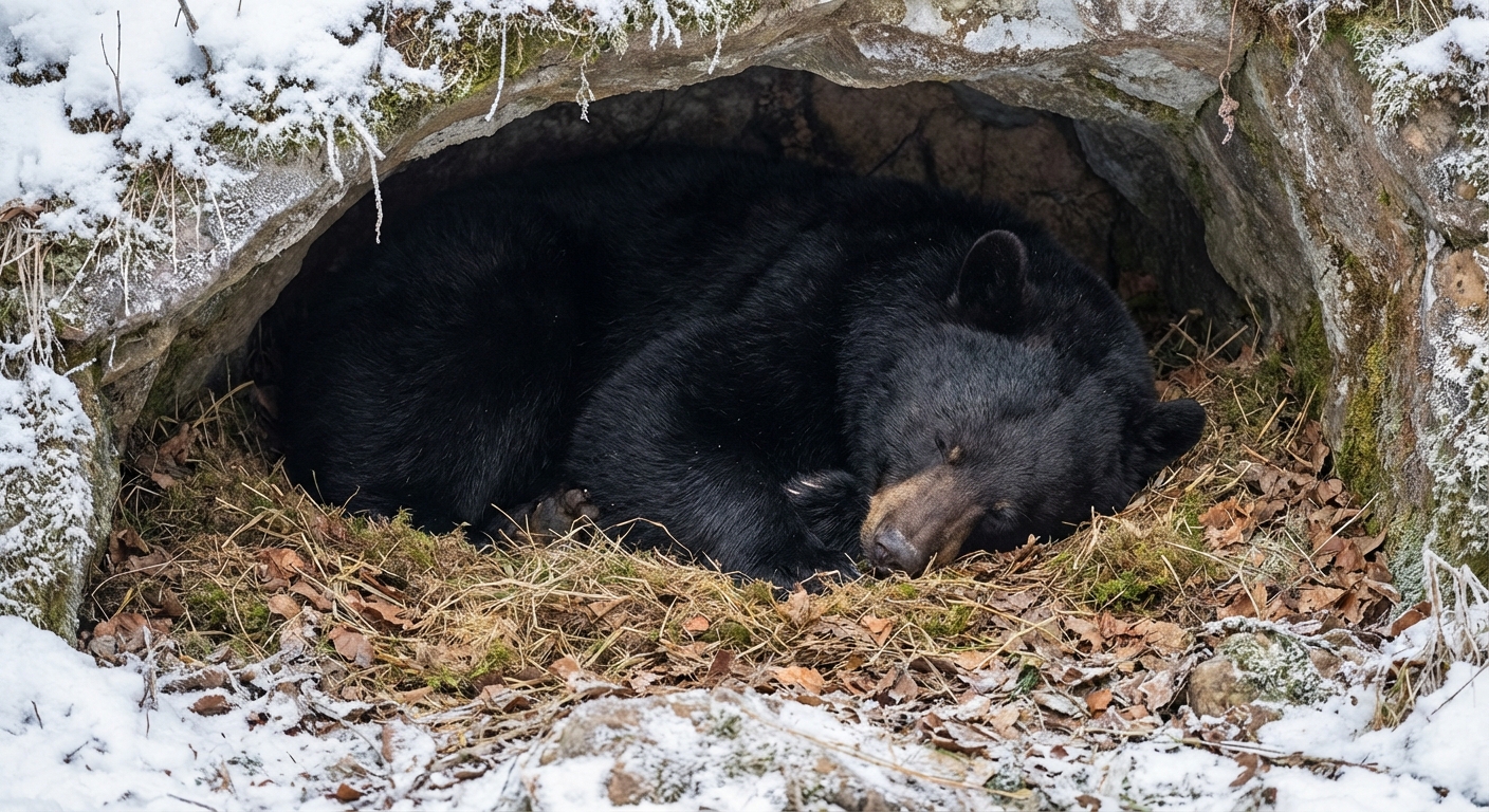 Black bear in a winter den surrounded by frost and snow