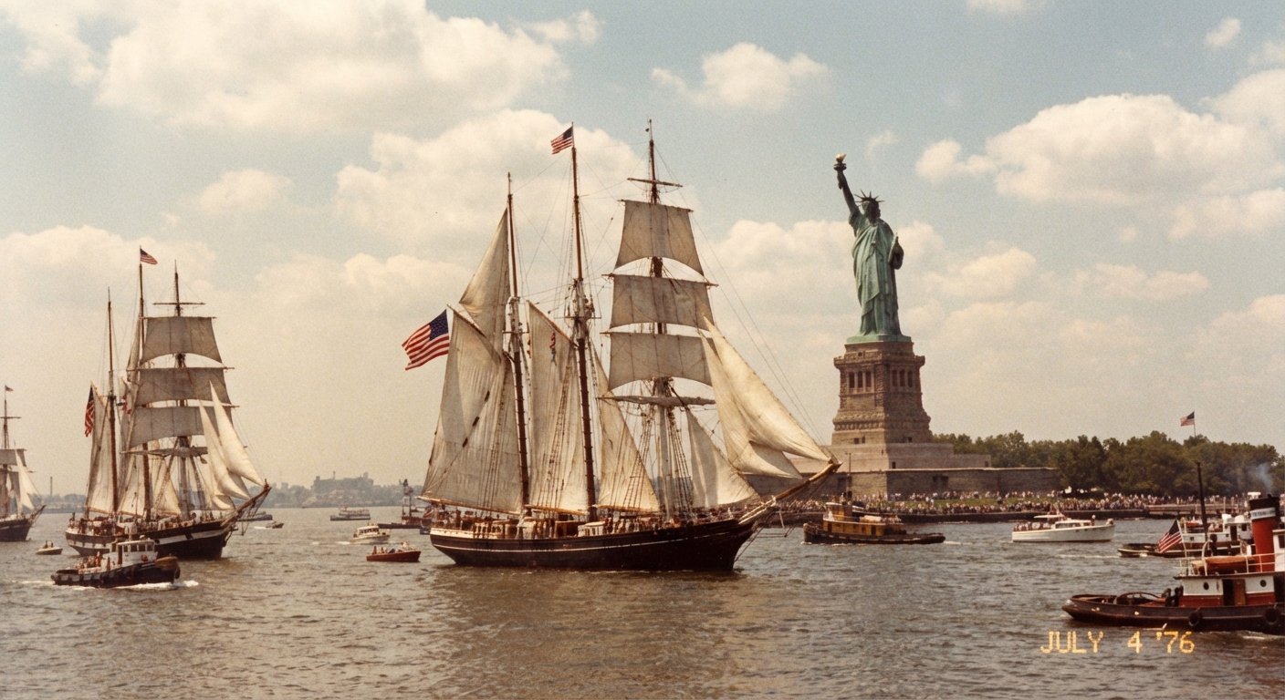 Tall ships sailing into New York Harbor during the 1976 Bicentennial celebration