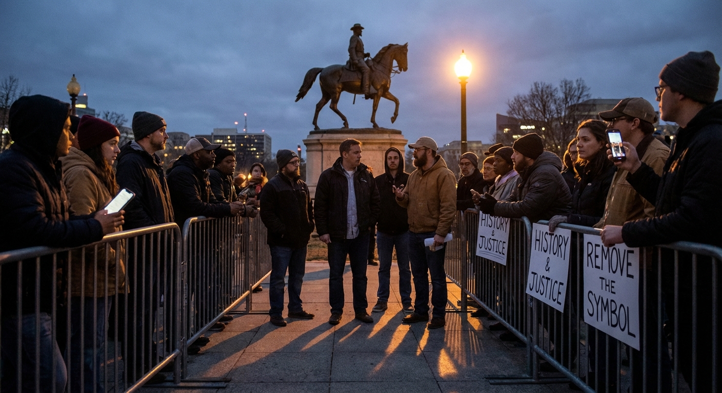 Protesters gathered around a Confederate monument during debates over historical commemoration